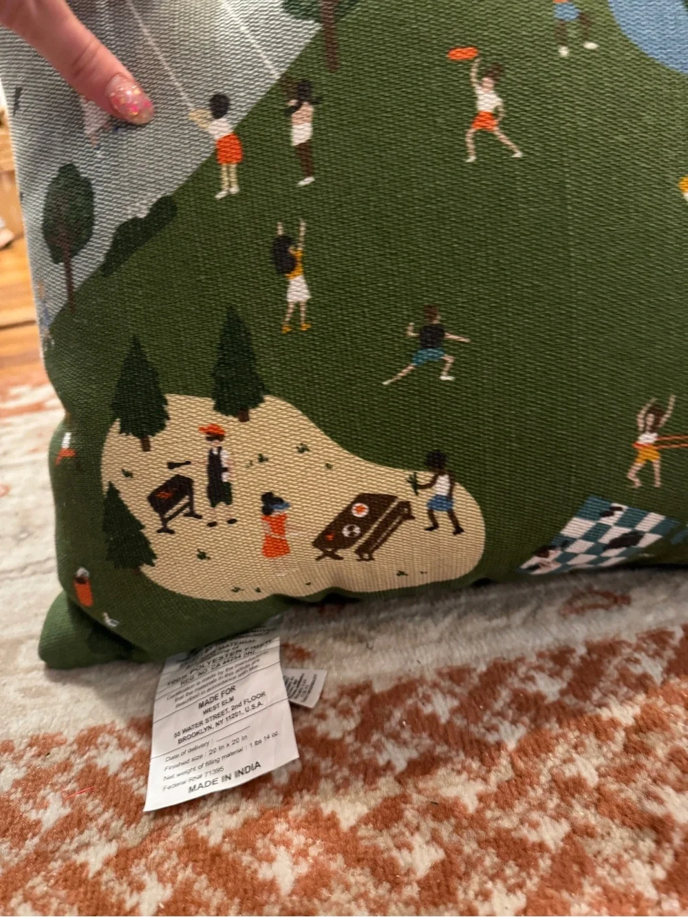Outdoor Picnic Scene Decorative Pillow - Green & Cream